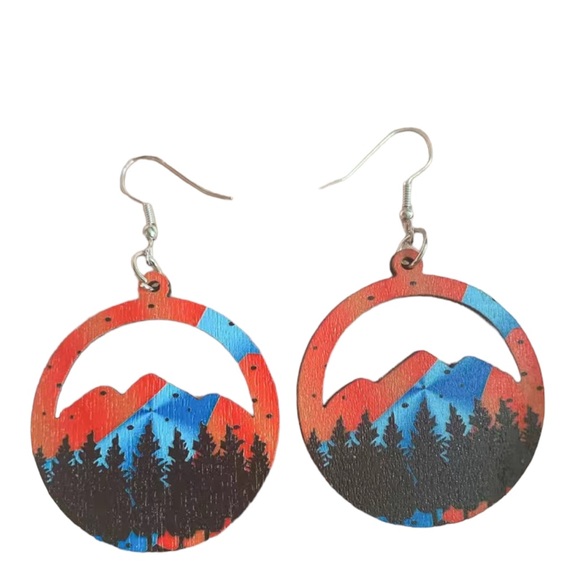Wooden Red and Blue Mountain Scene Drop Earrings - Picture 1 of 6